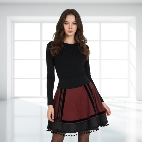 Picasso Renaissance Flare Skirt M | Multi-Layer Embroidered Ruffle Panel Maroon - Picture 1 of 12